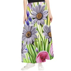 Expressive Watercolor Flowers Botanical Foliage Maxi Chiffon Skirt