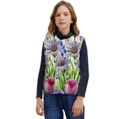 Expressive Watercolor Flowers Botanical Foliage Kid s Short Button Up Puffer Vest	 by GardenOfOphir