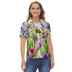 Expressive Watercolor Flowers Botanical Foliage Women s Short Sleeve Double Pocket Shirt