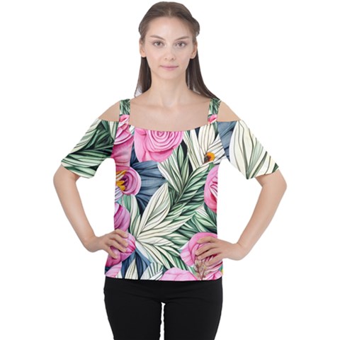 Delightful Watercolor Flowers And Foliage Cutout Shoulder Tee by GardenOfOphir