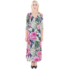 Delightful Watercolor Flowers And Foliage Quarter Sleeve Wrap Maxi Dress