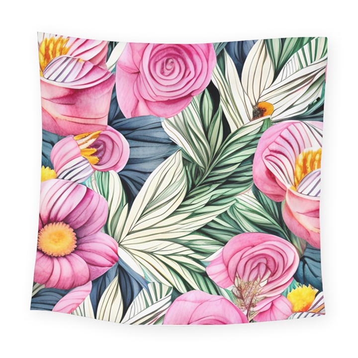 Delightful Watercolor Flowers And Foliage Square Tapestry (Large)