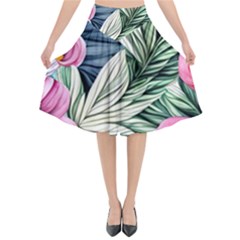 Delightful Watercolor Flowers And Foliage Flared Midi Skirt