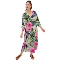 Delightful Watercolor Flowers And Foliage Grecian Style  Maxi Dress