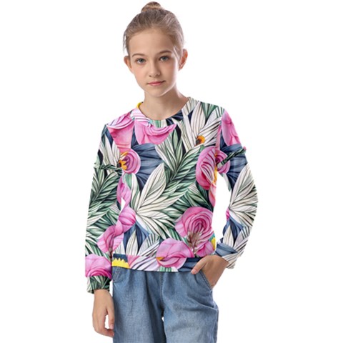 Delightful Watercolor Flowers And Foliage Kids  Long Sleeve Tee With Frill  by GardenOfOphir