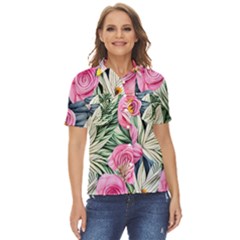 Delightful Watercolor Flowers And Foliage Women s Short Sleeve Double Pocket Shirt