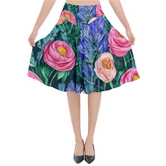 Cute Watercolor Flowers And Foliage Flared Midi Skirt