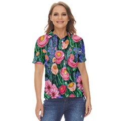 Cute Watercolor Flowers And Foliage Women s Short Sleeve Double Pocket Shirt