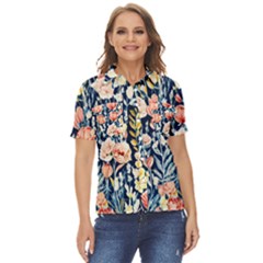 Exquisite Watercolor Flowers And Foliage Women s Short Sleeve Double Pocket Shirt