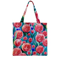 Brilliantly Hued Watercolor Flowers In A Botanical Zipper Grocery Tote Bag by GardenOfOphir