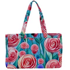 Brilliantly Hued Watercolor Flowers In A Botanical Canvas Work Bag