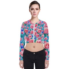 Brilliantly Hued Watercolor Flowers In A Botanical Long Sleeve Zip Up Bomber Jacket by GardenOfOphir