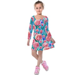 Brilliantly Hued Watercolor Flowers In A Botanical Kids  Long Sleeve Velvet Dress