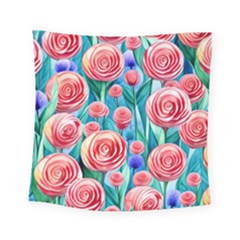 Brilliantly Hued Watercolor Flowers In A Botanical Square Tapestry (Small)