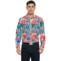 Brilliantly Hued Watercolor Flowers In A Botanical Men s Long Sleeve  Shirt