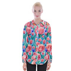 Brilliantly Hued Watercolor Flowers In A Botanical Womens Long Sleeve Shirt