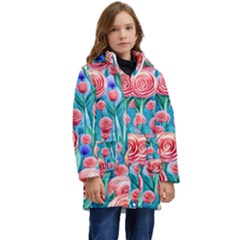 Brilliantly Hued Watercolor Flowers In A Botanical Kid s Hooded Longline Puffer Jacket