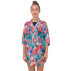 Brilliantly Hued Watercolor Flowers In A Botanical Half Sleeve Chiffon Kimono