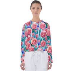 Brilliantly Hued Watercolor Flowers In A Botanical Women s Slouchy Sweat