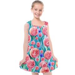 Brilliantly Hued Watercolor Flowers In A Botanical Kids  Cross Back Dress by GardenOfOphir