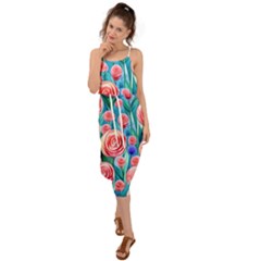 Brilliantly Hued Watercolor Flowers In A Botanical Waist Tie Cover Up Chiffon Dress