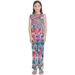 Brilliantly Hued Watercolor Flowers In A Botanical Kids  Sleeveless Ruffle Edge Band Collar Chiffon One Piece