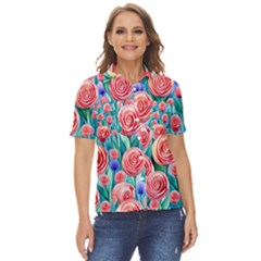 Brilliantly Hued Watercolor Flowers In A Botanical Women s Short Sleeve Double Pocket Shirt