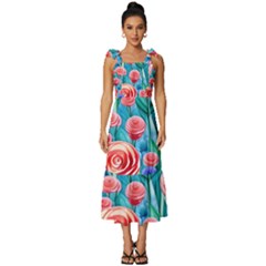 Brilliantly Hued Watercolor Flowers In A Botanical Tie-strap Tiered Midi Chiffon Dress by GardenOfOphir