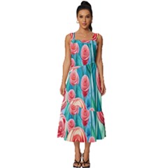 Brilliantly Hued Watercolor Flowers In A Botanical Square Neckline Tiered Midi Dress