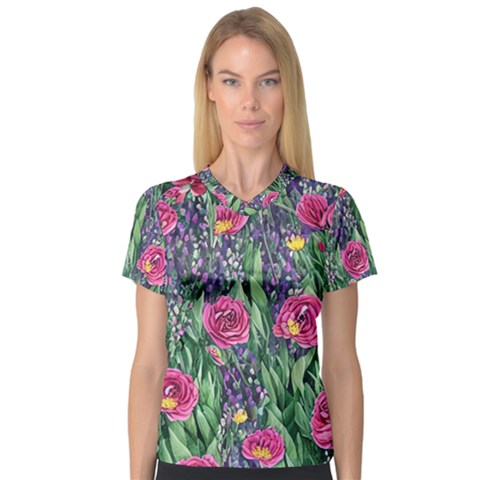 Dazzling Watercolor Flowers And Foliage V-neck Sport Mesh Tee by GardenOfOphir