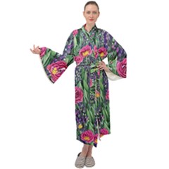 Dazzling Watercolor Flowers And Foliage Maxi Velvet Kimono by GardenOfOphir