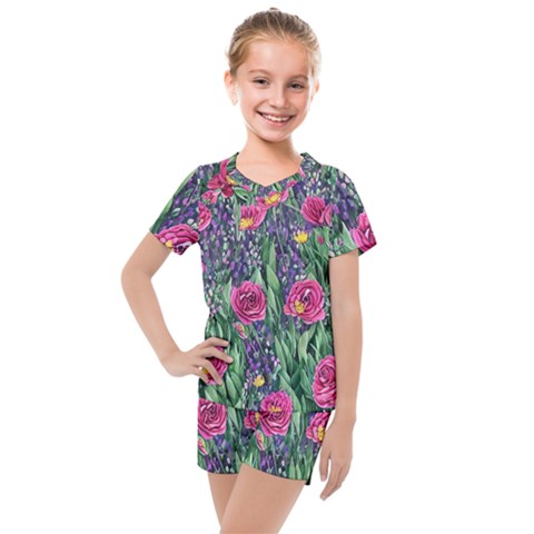 Dazzling Watercolor Flowers And Foliage Kids  Mesh Tee And Shorts Set by GardenOfOphir