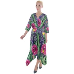 Dazzling Watercolor Flowers And Foliage Quarter Sleeve Wrap Front Maxi Dress by GardenOfOphir