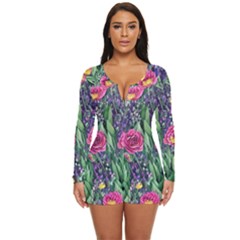 Dazzling Watercolor Flowers And Foliage Long Sleeve Boyleg Swimsuit