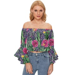 Dazzling Watercolor Flowers And Foliage Off Shoulder Flutter Bell Sleeve Top by GardenOfOphir