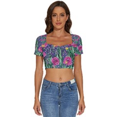 Dazzling Watercolor Flowers And Foliage Short Sleeve Square Neckline Crop Top  by GardenOfOphir