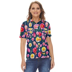 Botanical Flowers Pattern Women s Short Sleeve Double Pocket Shirt