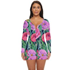 Boho Retropical Flowers Long Sleeve Boyleg Swimsuit