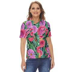 Boho Retropical Flowers Women s Short Sleeve Double Pocket Shirt