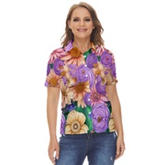 Exotic Tropical Botanical Flowers Pattern Women s Short Sleeve Double Pocket Shirt