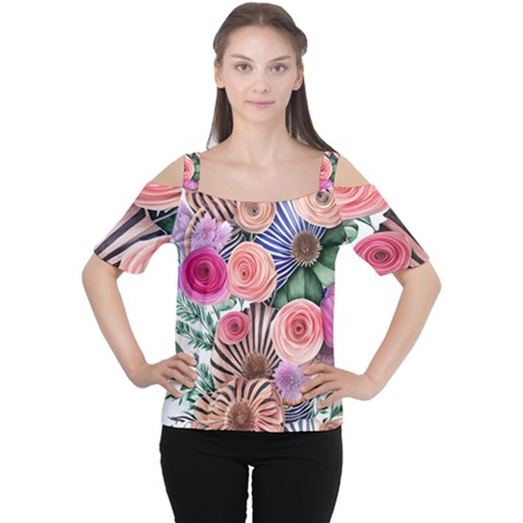 Boho Botanical Flowers Cutout Shoulder Tee by GardenOfOphir