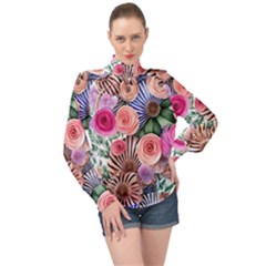 Boho Botanical Flowers High Neck Long Sleeve Chiffon Top