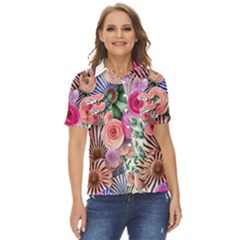 Boho Botanical Flowers Women s Short Sleeve Double Pocket Shirt