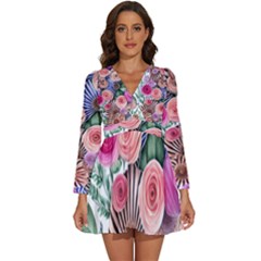 Boho Botanical Flowers Long Sleeve V-Neck Chiffon Dress 