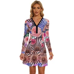 Boho Botanical Flowers Long Sleeve Deep V Mini Dress 