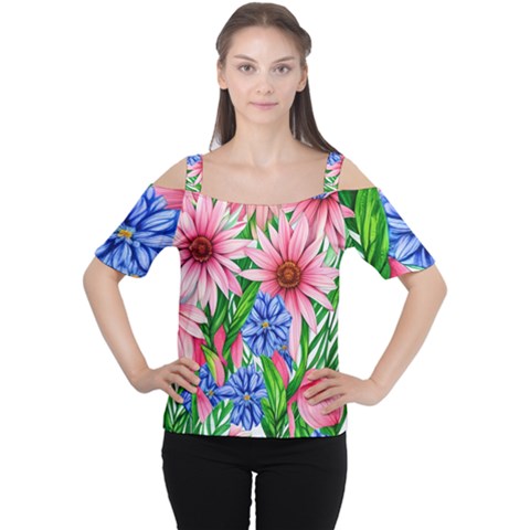 Exotic Tropical Flowers Cutout Shoulder Tee by GardenOfOphir