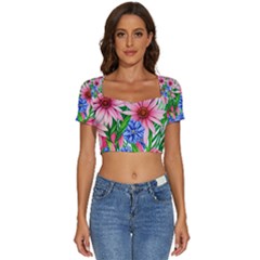 Exotic Tropical Flowers Short Sleeve Square Neckline Crop Top  by GardenOfOphir