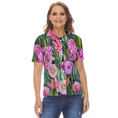 Floral Watercolor Women s Short Sleeve Double Pocket Shirt