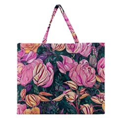 Retro Botanical Flowers Zipper Large Tote Bag by GardenOfOphir