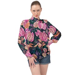 Retro Botanical Flowers High Neck Long Sleeve Chiffon Top by GardenOfOphir